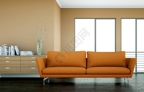 在棕色墙壁3d插图前有橙色沙发的明亮房间图片