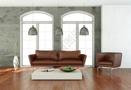 室内设计现代明亮的房间与棕色沙发3d插图背景图片