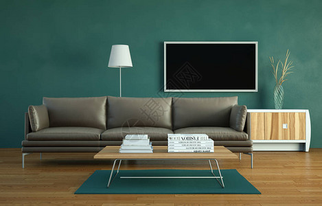室内设计现代明亮的房间与棕色沙发3d插图图片
