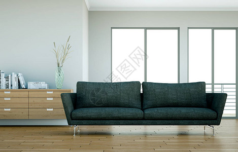 室内设计现代明亮房间与黑色沙发3d插图图片