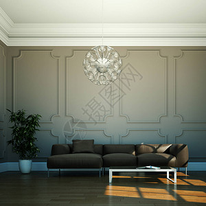 室内设计明亮的房间与棕色沙发3d插图图片