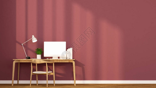 阳光日公寓或家中的工作场所和红墙背景图片