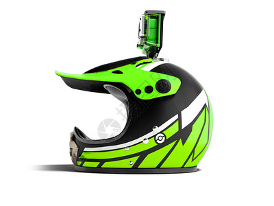 带绿色运动相机的现代绿色摩托车头盔在带阴影的白色背景上留下图片