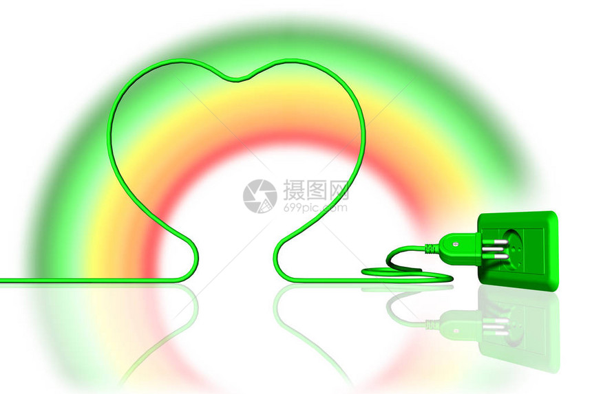 3D插图有彩虹的电缆和电源出口绿图片
