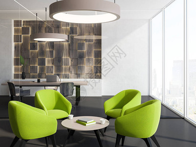 办公室候诊室内部有白色的墙壁全景窗户灰色的地板和四把亮绿色的扶手椅图片