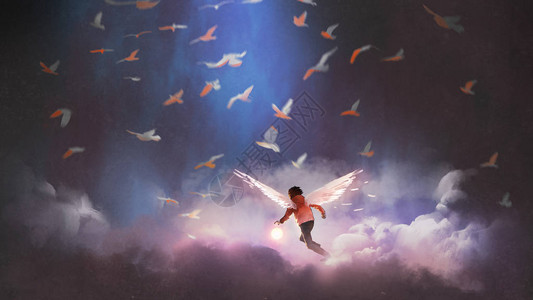 天使翅膀的男孩抱着一只发光的球穿过一群数字艺术风格插画绘画图片