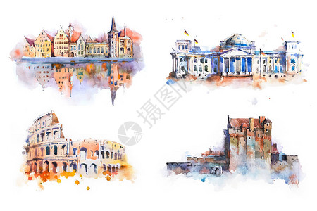 水彩画风工作证绘制欧洲各国最有名的建筑建筑风背景