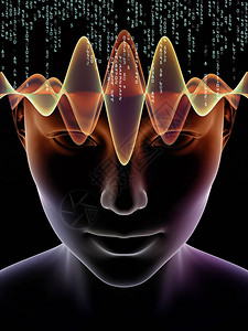 心灵波系列人头和技术符号的3D插图的创造安排作为意识大脑智力和人工智能主背景图片