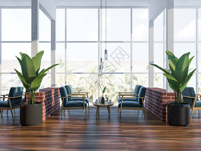 装有木制地板蓝色沙发和桌椅的咖啡店内原设计的咖啡店侧面景象图片