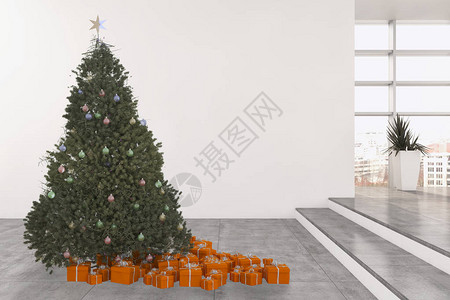 带有圣诞树3D插图的现代明亮室内公寓客厅有图片