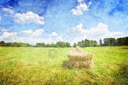 夏季风景有干草堆和蓝色天空图片