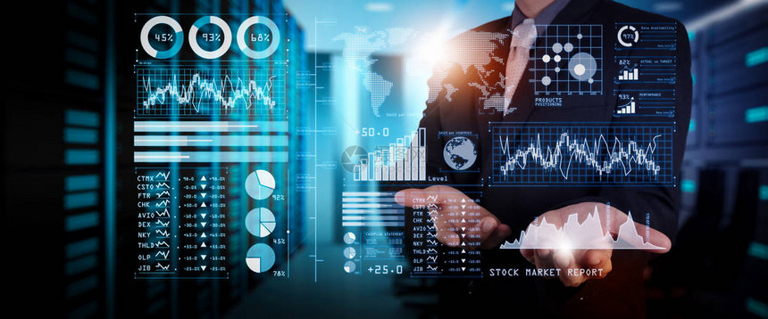 投资者分析股票市场报告和财务仪表板与商业智能BI与关键绩效指标KPI商人手与财务程序在宽屏电脑图片
