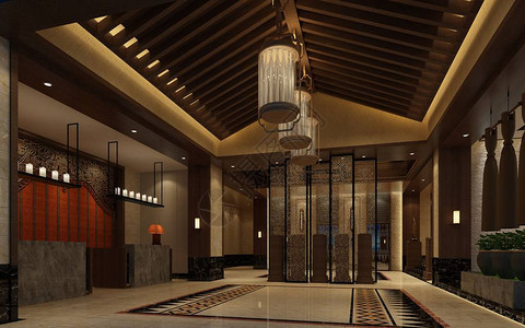 豪华现代酒店入口大堂的3d渲染图片
