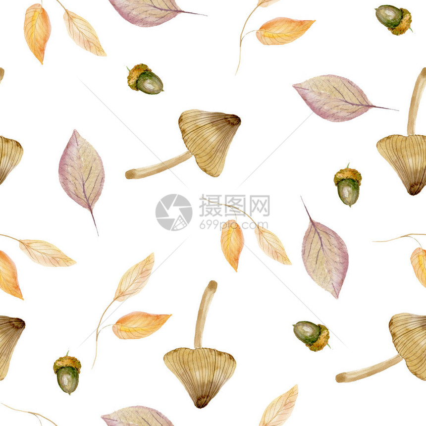 橙色米色棕色勃艮第和黄色的蘑菇橡子和秋叶的无缝图案非常适合礼品纸图案填充网页背景秋季贺卡设图片