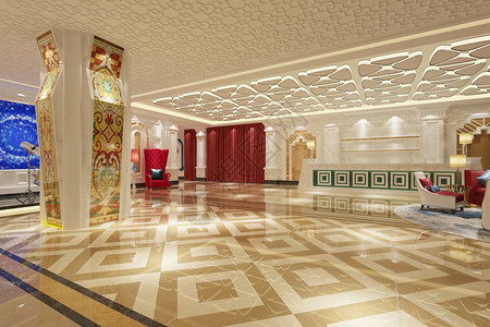 豪华现代酒店接待大厅的3d渲染图片