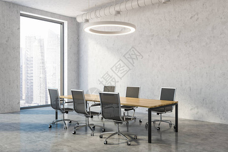 工业风格的会议室内部配有混凝土墙和地板木桌和金属椅子圆形吸顶灯和管道3d背景图片
