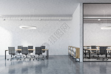 工业风格的会议室内部配有混凝土和玻璃墙两张木桌和金属椅子圆形吸顶灯和管道3d背景图片