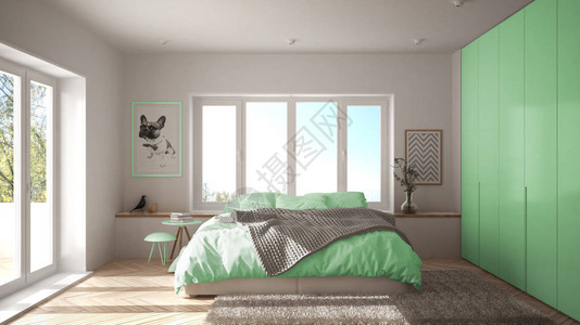 斯堪的纳维亚白色和绿色最小卧室图片