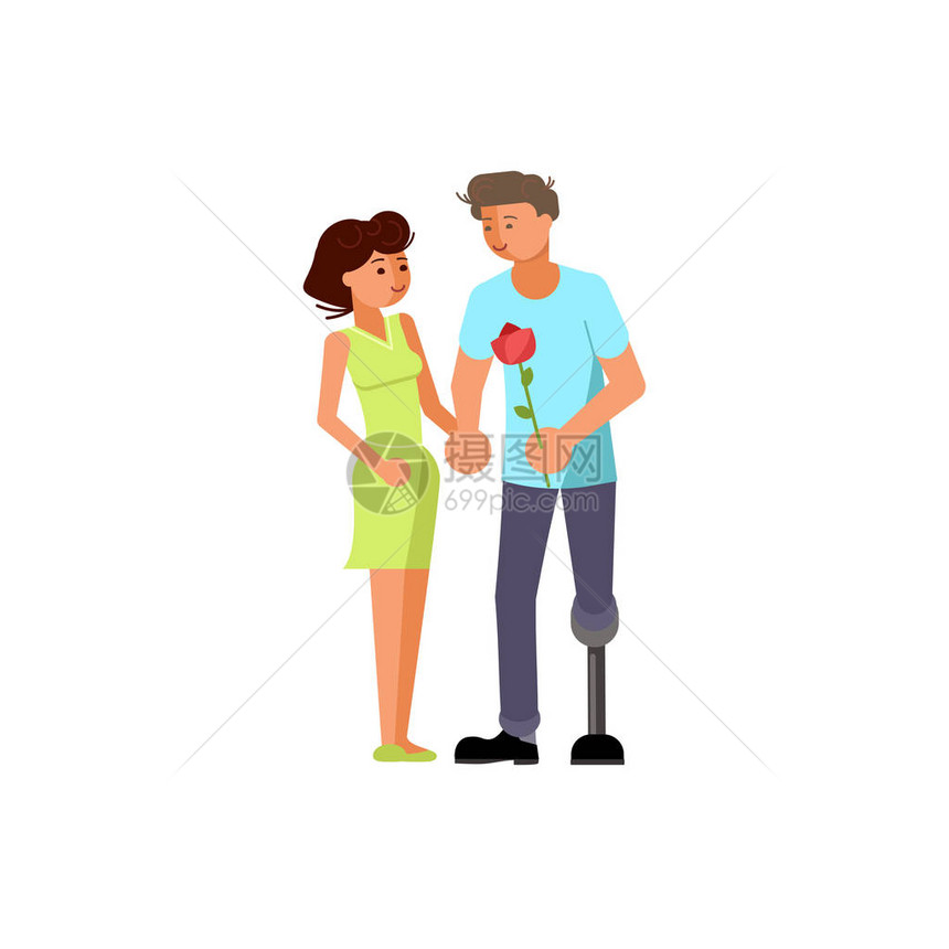 在白色背景下孤立的残疾人的浪漫关系和婚姻的概念情侣手牵平面设计中的爱情和约会矢量图图片