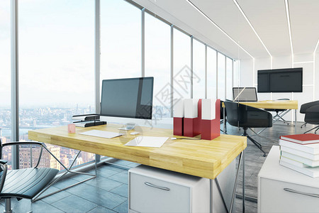 现代办公室内部台面和全景城市视图上有空图片