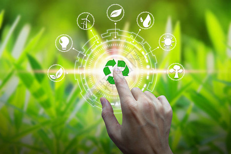 手指触摸与环境图标在网络连接上的自然背景技术生态学概念图片