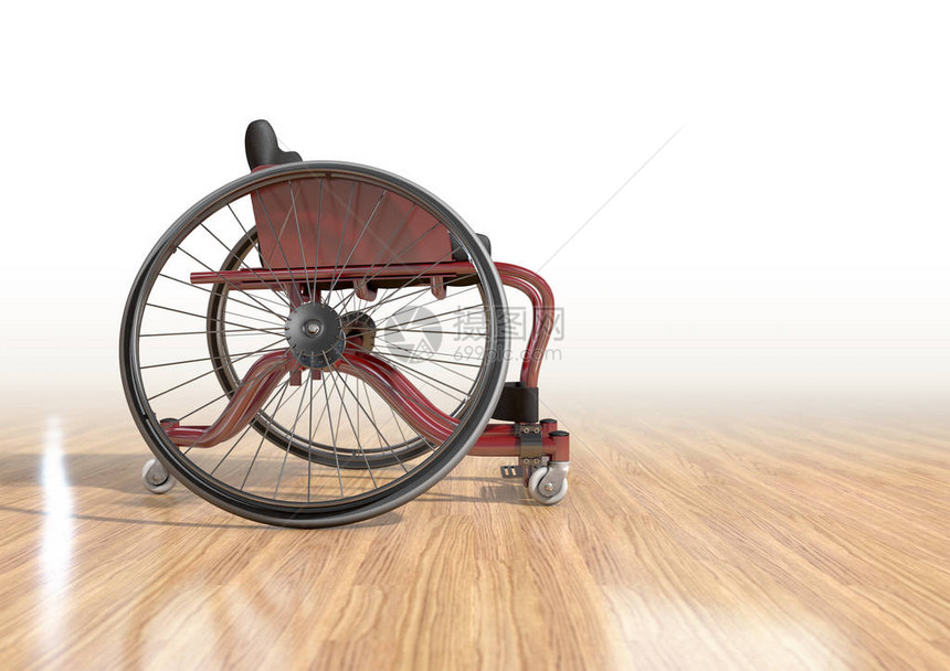 残疾人运动员用来在抛光木地板背景上参加各种体育比赛的空改装轮椅图片