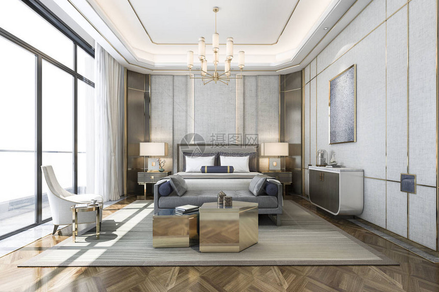 带电视的酒店3D渲染美丽的经典豪华卧室套房图片