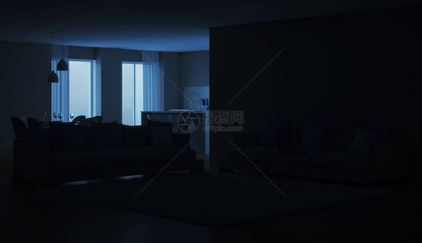 现代室内蓝色厨房晚上夜图片