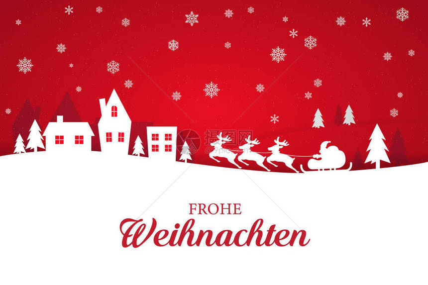 贺卡与时尚的圣诞快乐字母在德语冬天的风景下着驯鹿队和在一起图片