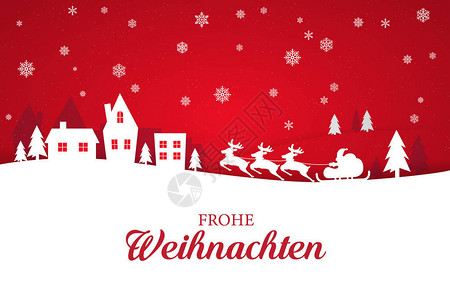 贺卡与时尚的圣诞快乐字母在德语冬天的风景下着驯鹿队和在一起图片