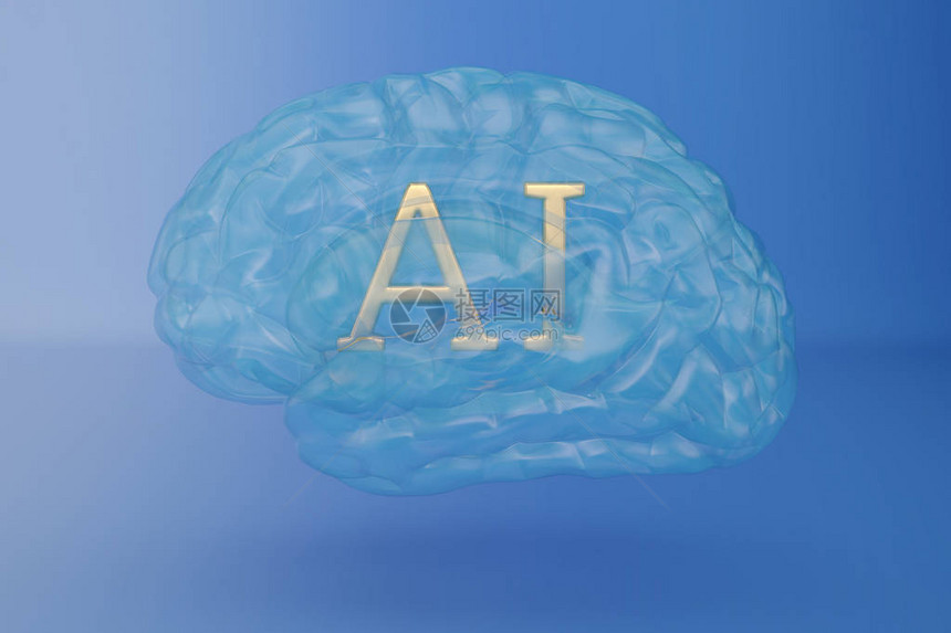 蓝色背景3D插图上带有ai符号的大脑图片