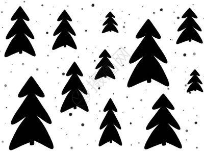 白色背景上的黑色圣诞树和雪背景图片