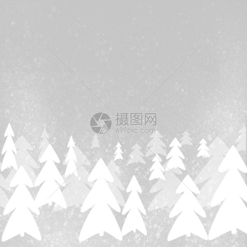 时尚简单的白色圣诞树和灰色背景上的雪手绘插图现代贺卡与文本的空间节日快乐灰色图片