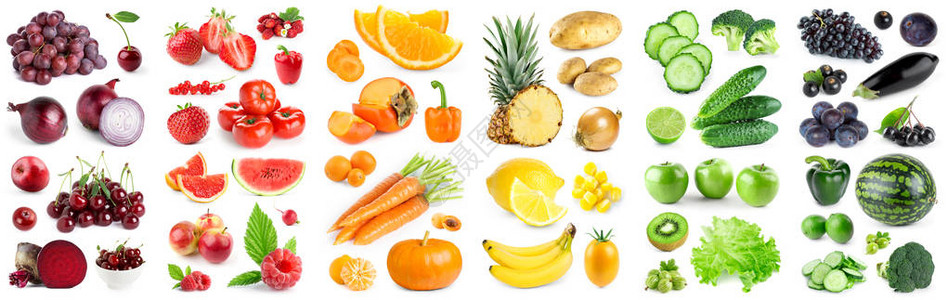白色背景下彩色水果和蔬菜的收集新鲜食物图片