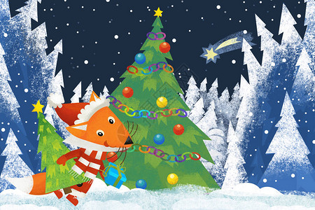 森林动物小狐狸戴着圣诞老人帽图片