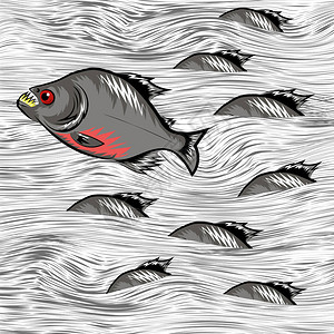 卡通鱼在水线背景上游泳图片