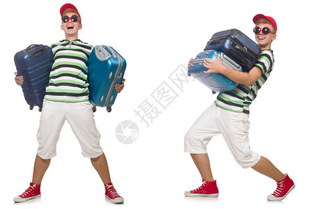 年轻男子身着重手提箱在图片