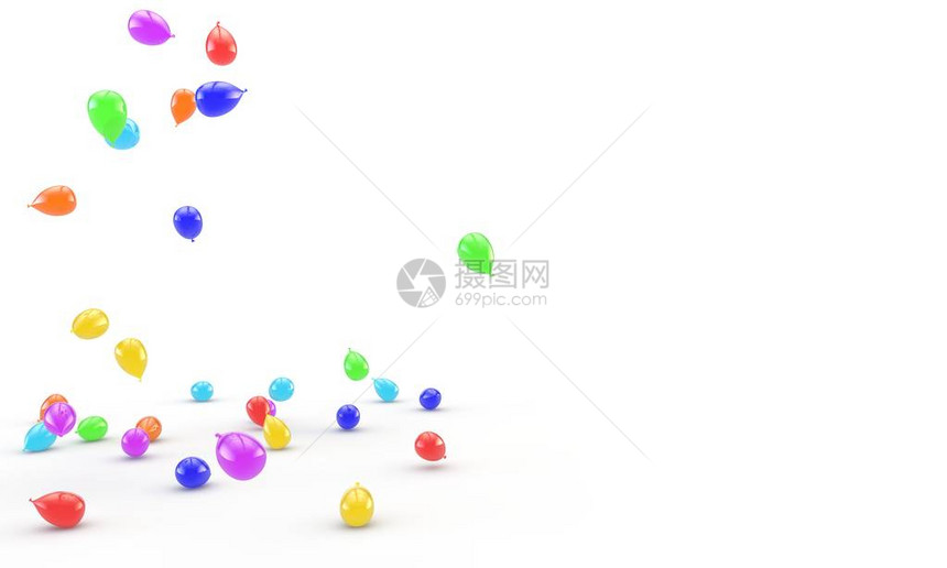 色彩多的气球飞到地板上孤立的白色背景图片