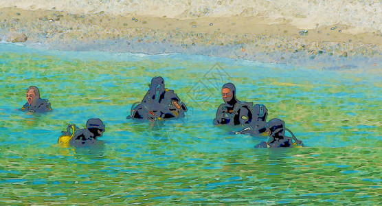 西班牙湾蓝水彩色油漆上的湿衣服中说明图片