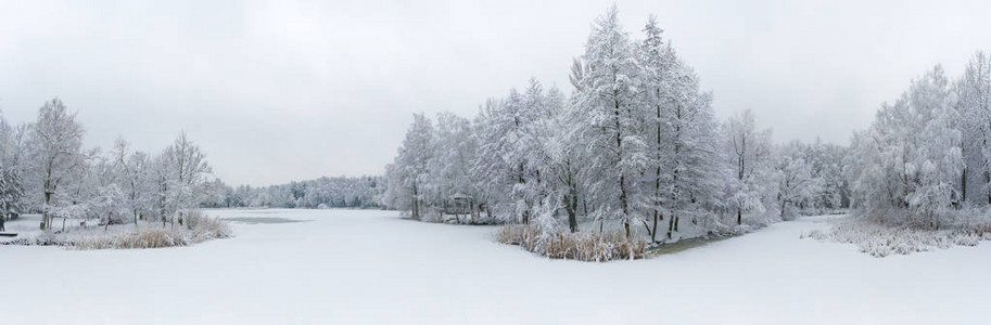 全景鸟瞰冬季美丽的景观树木覆盖着海霜和雪上面的冬天风景用无人机拍摄的景观照片背景图片