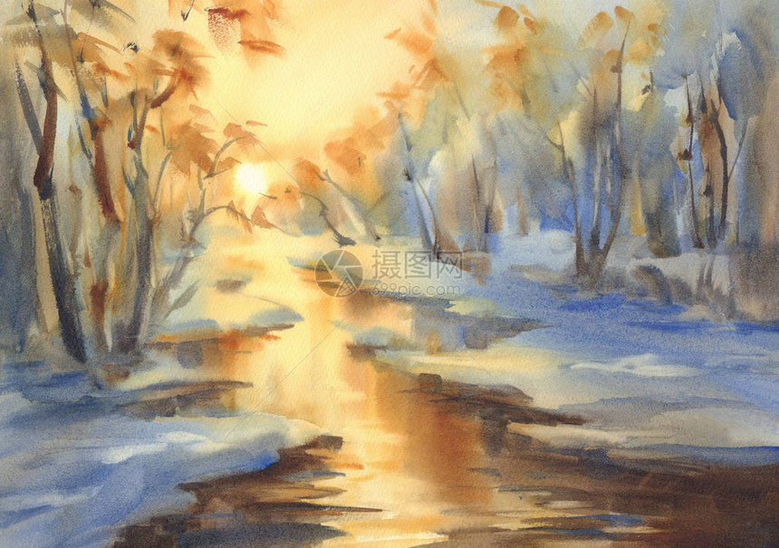 阳光的冬季风景和森林水中的河流颜色图片