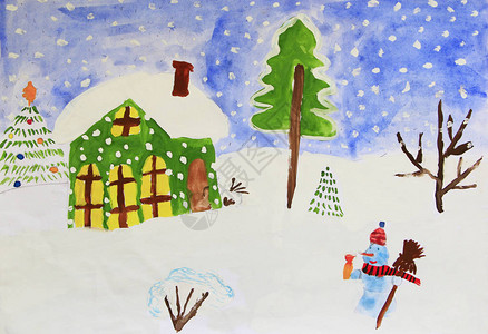 美妙的雪人和房子的圣诞节幼稚图画孩子们有趣的房子站在人和降雪的图画孩图片