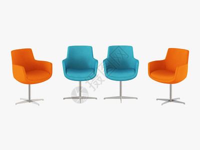 四把椅子橙色和蓝色与铁腿3d渲染图片