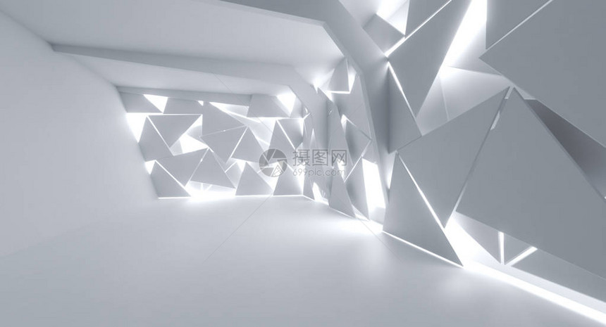 未来内务将白色抽象三角形板装饰成有自然光的空图片