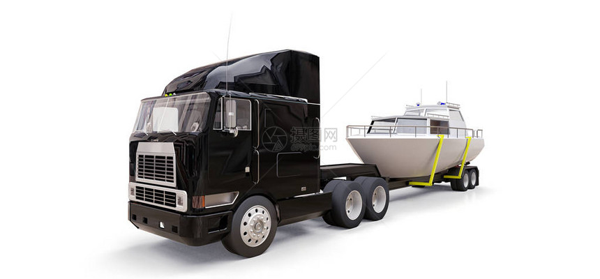 一辆大黑卡车有拖车用白色背景运输图片