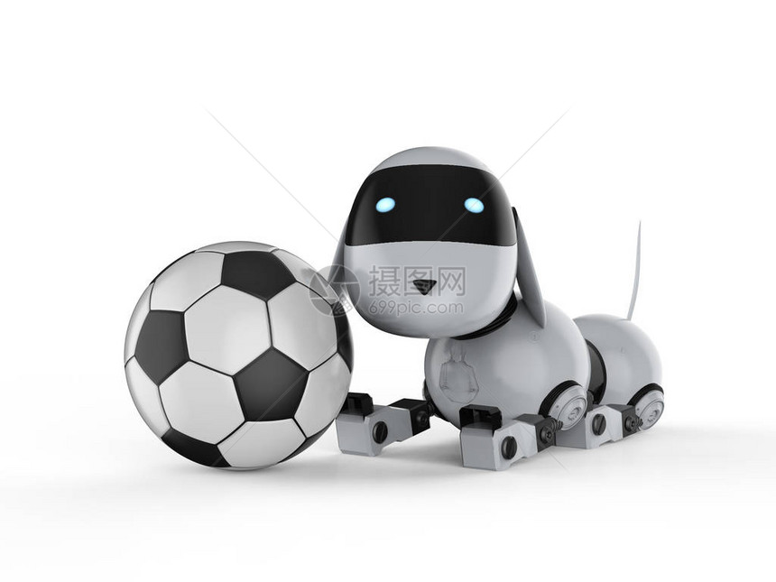 3d渲染狗机器人与足球图片