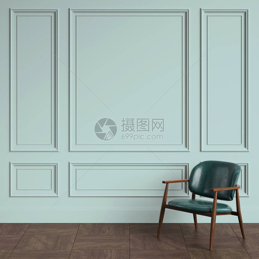 在经典的室内扶手椅与复制空间墙壁与造型地板镶木地板数字插图图片