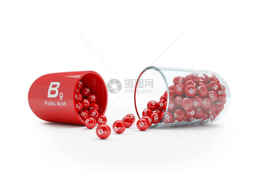 维生素胶囊的3d渲染与维生素B9叶酸在白色背景图片