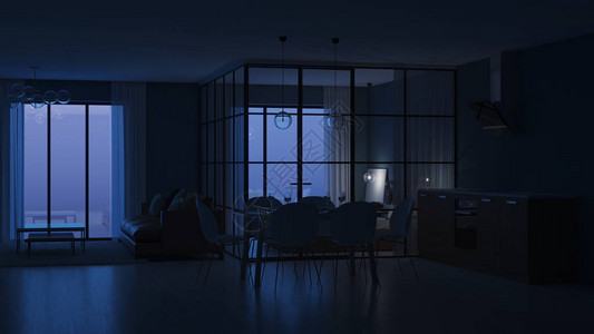 现代室内有玻璃隔板的床房晚上晚间照图片
