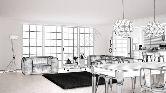带地毯和沙发的斯堪的纳维亚客厅草图图片